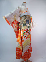 Vintage Silk Furisode Kimono | Rough Waves, Genji-guruma & Gosho-guruma Motifs with Gold-thread Couching Embroidery (Kinkoma-shishu)