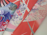振袖 フルセット（長襦袢・袋帯・帯揚げ・帯締め）友禅 花扇面文様 薄紅×生成り 古典美 逸品     Full set / Ready to wear