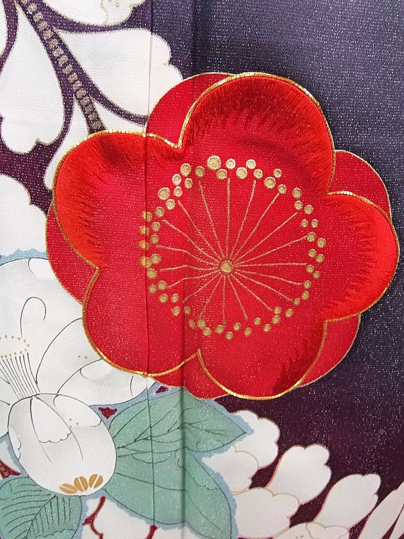 美品　豪華　振袖　幻の花辻ヶ花文様　金通糸　金駒刺繍　正絹　ブルーグレー×臙脂色系