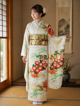 Silk 振袖 長襦袢セット 花扇面文様 金駒刺繍 古典柄 上品華やか 和装 Kimono
