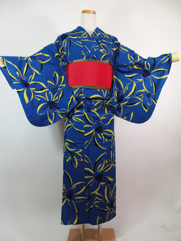 美品　注染　浴衣　花文様文様　大人可愛い　青色