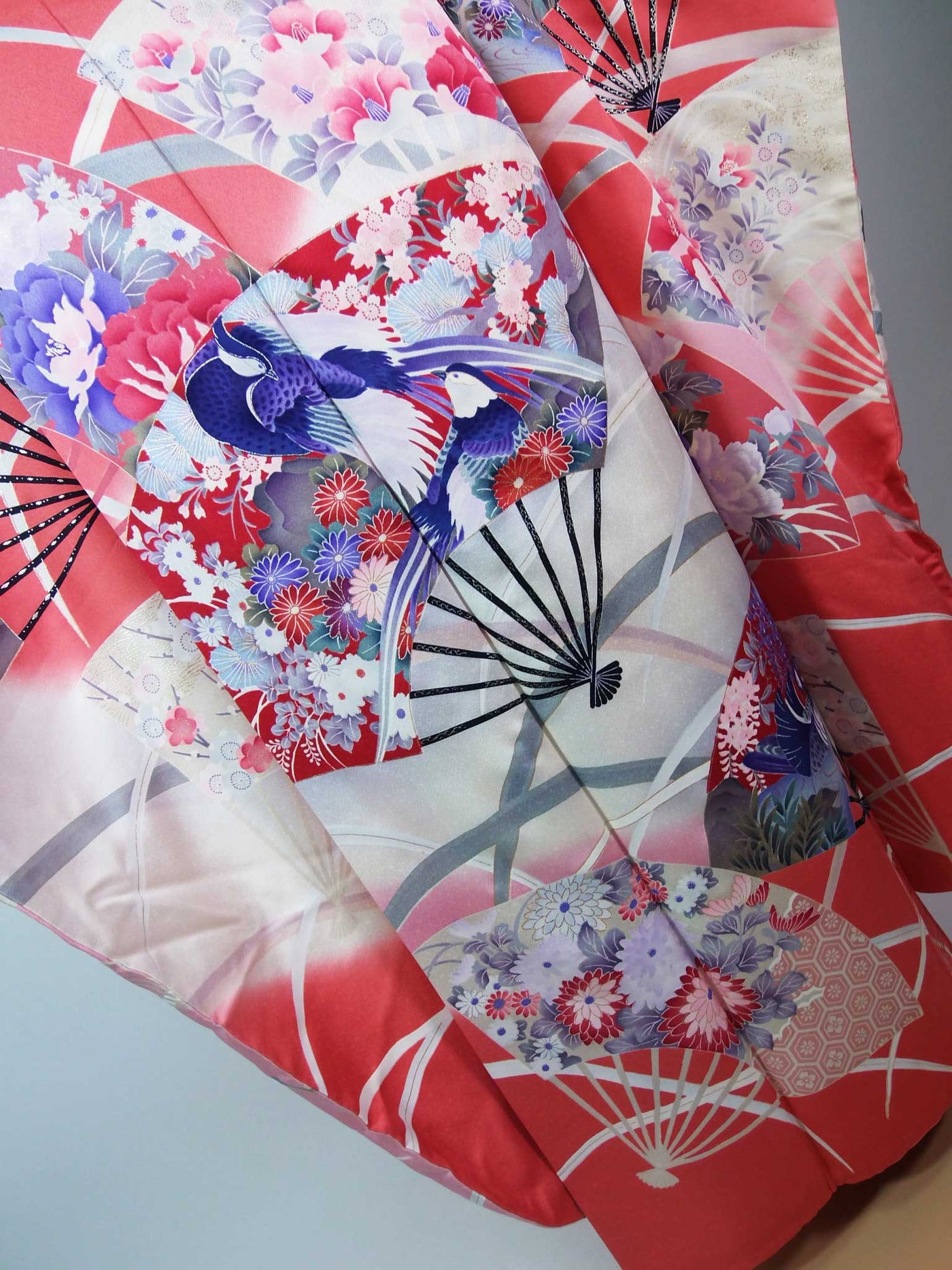 Furisode Full Set 正絹 振袖 友禅 花扇面文様 薄紅×生成り 長襦袢