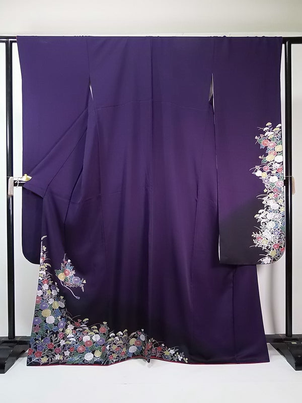 Gorgeous Furisode (long sleeves), flower design, pure silk, purple