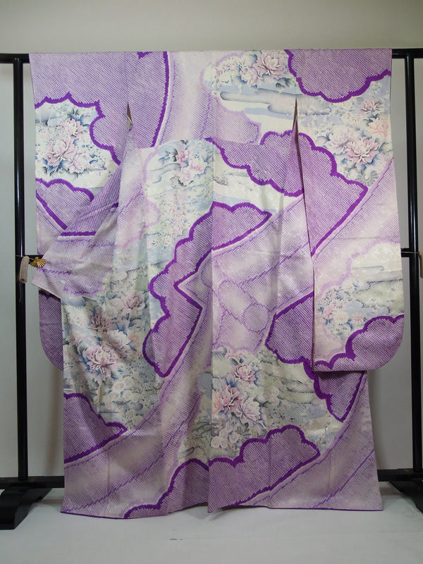 Gorgeous Furisode (manches), Kaneko shibori, motifs de nuages et de fleurs, pure soie, violet