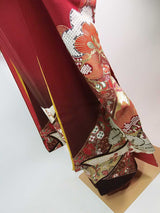 逸品 振袖 松に宝尽くし文様 金彩 縮緬 深紅系 正絹 長襦袢付き 2点セット