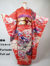 振袖 フルセット（長襦袢・袋帯・帯揚げ・帯締め）友禅 花扇面文様 薄紅×生成り 古典美 逸品     Full set / Ready to wear