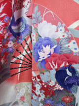 振袖 フルセット（長襦袢・袋帯・帯揚げ・帯締め）友禅 花扇面文様 薄紅×生成り 古典美 逸品     Full set / Ready to wear