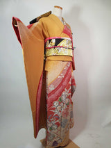 New Silk Furisode Kimono | Kanoko Shibori Floral Pattern Gold Leaf Pure Silk Red and Black Gradation Japanese Formal Kimono
