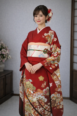 逸品 振袖 松に宝尽くし文様 金彩 縮緬 深紅系 正絹 長襦袢付き 2点セット