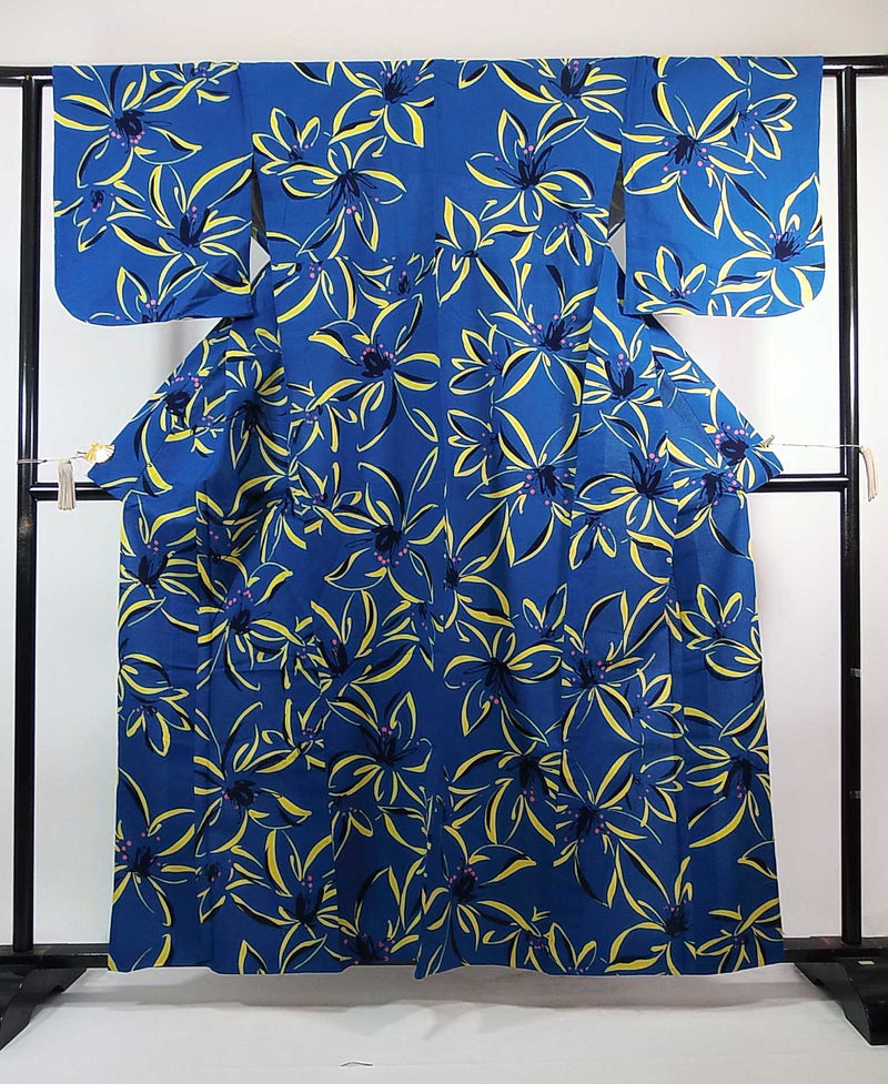 美品　注染　浴衣　花文様文様　大人可愛い　青色