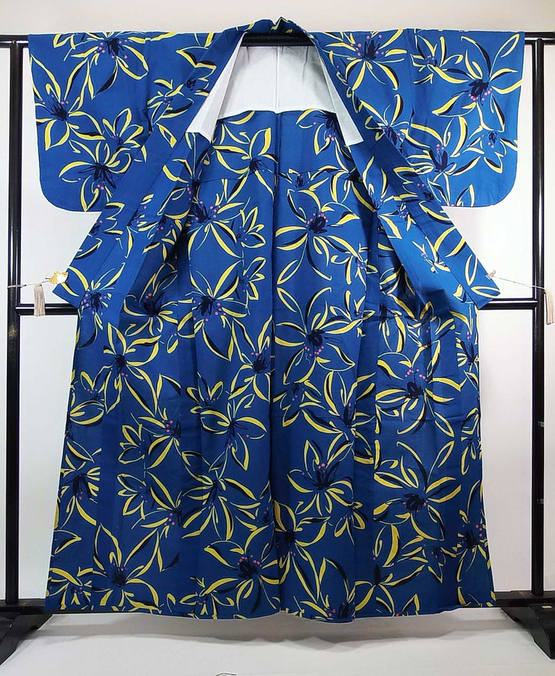 美品　注染　浴衣　花文様文様　大人可愛い　青色