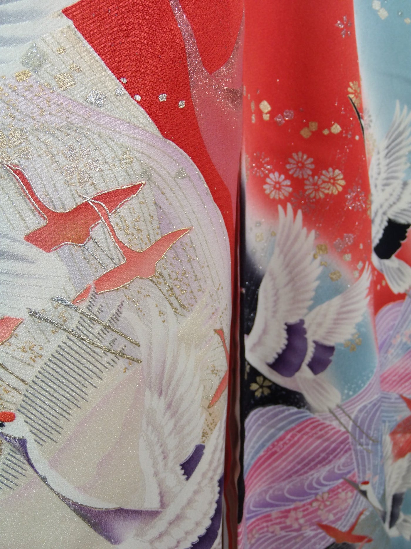 古典美 振袖3点セット＊赤地 鶴舞う吉祥文様 正絹＋袋帯＋洗える長襦袢