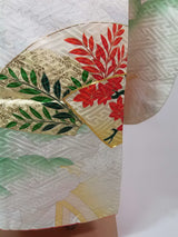 Silk 振袖 長襦袢セット 花扇面文様 金駒刺繍 古典柄 上品華やか 和装 Kimono