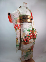 Silk 振袖 長襦袢セット 花扇面文様 金駒刺繍 古典柄 上品華やか 和装 Kimono