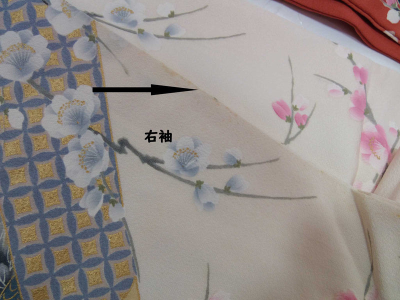 ほぼ美品　振袖　鳳凰に吉祥花文様　友禅　正絹　金彩　臙脂色系