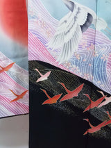 古典美 振袖3点セット＊赤地 鶴舞う吉祥文様 正絹＋袋帯＋洗える長襦袢　Full set / Easy care / Beginner friendly