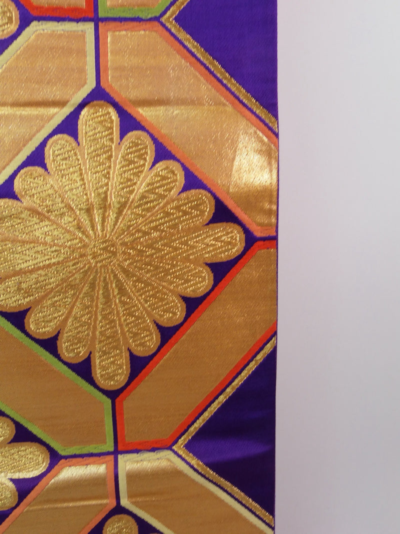 Gorgeous chrysanthemum and water chestnut design pouch obi, table runner, gold thread, pure silk, recycled