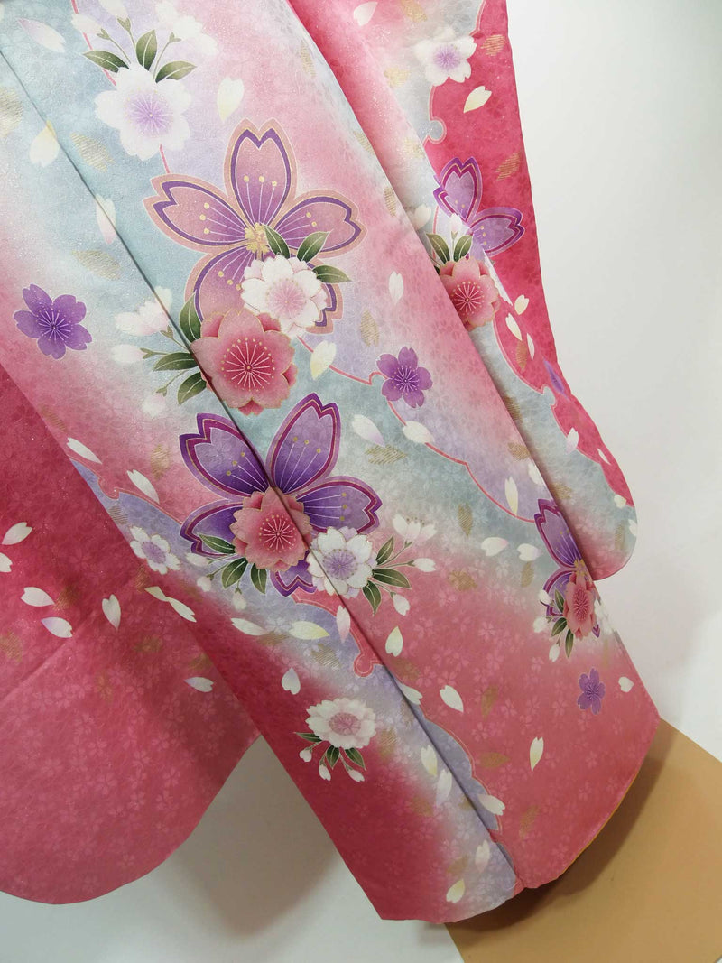 Beautiful Furisode, Kimono, pure silk, LL size, lovely pinkish color, cherry blossom design on snowflake ring, gold thread