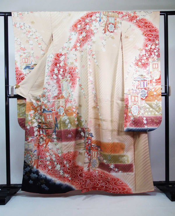 Beautiful, gorgeous Furisode (long-sleeved kimono), Goshoge pattern, gold and gold embroidery, pure silk, beige