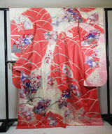 振袖 フルセット（長襦袢・袋帯・帯揚げ・帯締め）友禅 花扇面文様 薄紅×生成り 古典美 逸品     Full set / Ready to wear