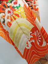 Vintage Silk Furisode Kimono | Rough Waves, Genji-guruma & Gosho-guruma Motifs with Gold-thread Couching Embroidery (Kinkoma-shishu)