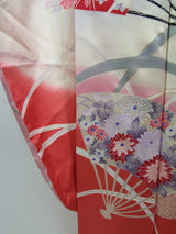 振袖 フルセット（長襦袢・袋帯・帯揚げ・帯締め）友禅 花扇面文様 薄紅×生成り 古典美 逸品     Full set / Ready to wear