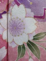 Beautiful Furisode, Kimono, pure silk, LL size, lovely pinkish color, cherry blossom design on snowflake ring, gold thread