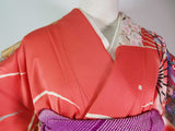 振袖 フルセット（長襦袢・袋帯・帯揚げ・帯締め）友禅 花扇面文様 薄紅×生成り 古典美 逸品     Full set / Ready to wear