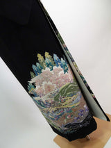 Beautiful black kimono with five crests, Chaya Tsuji pattern, kimono, pure silk, Kikyo pattern, S size.