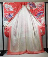 振袖 フルセット（長襦袢・袋帯・帯揚げ・帯締め）友禅 花扇面文様 薄紅×生成り 古典美 逸品     Full set / Ready to wear