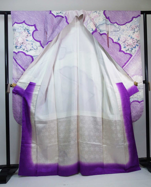 Gorgeous Furisode (manches), Kaneko shibori, motifs de nuages et de fleurs, pure soie, violet