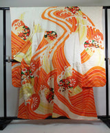 Vintage Silk Furisode Kimono | Rough Waves, Genji-guruma & Gosho-guruma Motifs with Gold-thread Couching Embroidery (Kinkoma-shishu)