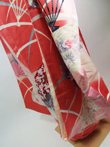振袖 フルセット（長襦袢・袋帯・帯揚げ・帯締め）友禅 花扇面文様 薄紅×生成り 古典美 逸品     Full set / Ready to wear