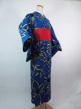 美品　注染　浴衣　花文様文様　大人可愛い　青色
