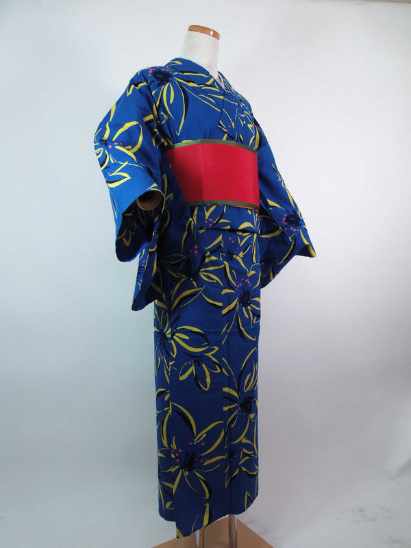 美品　注染　浴衣　花文様文様　大人可愛い　青色