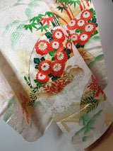 Silk 振袖 長襦袢セット 花扇面文様 金駒刺繍 古典柄 上品華やか 和装 Kimono