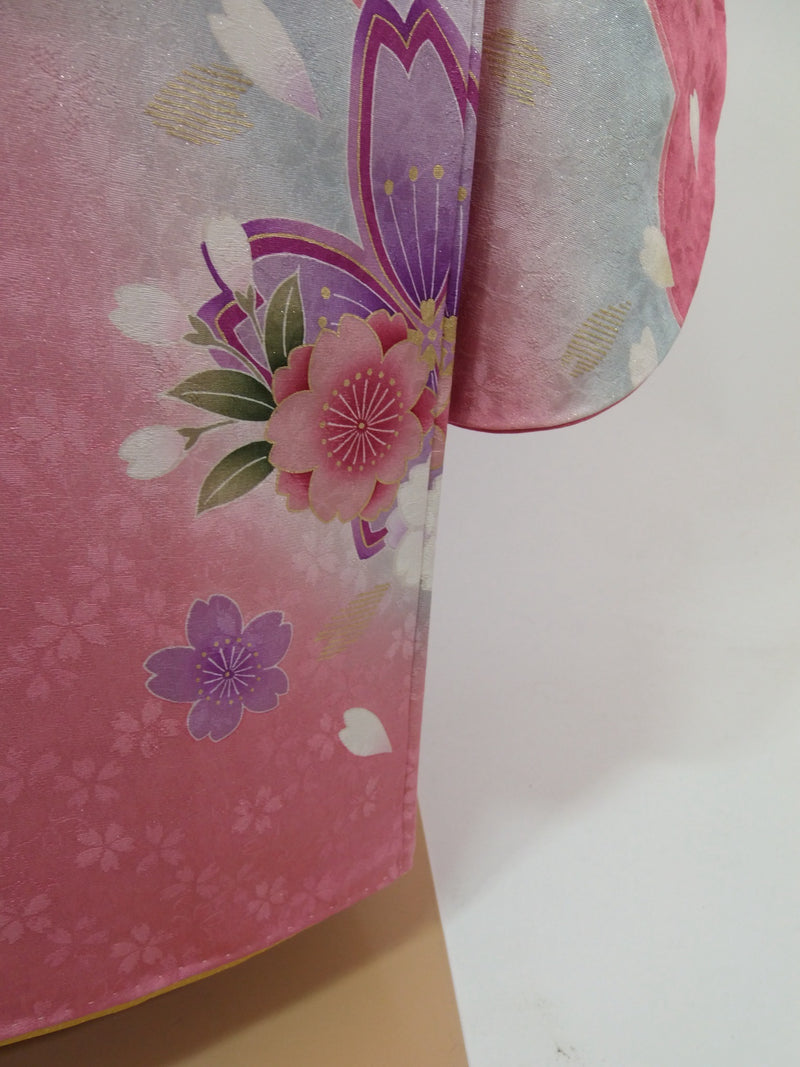 Beautiful Furisode, Kimono, pure silk, LL size, lovely pinkish color, cherry blossom design on snowflake ring, gold thread