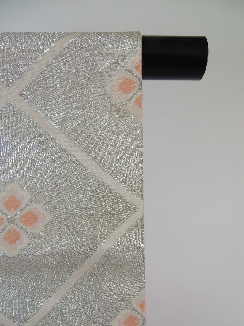 Gorgeous, HANARAHISHI pattern, pouch obi, table runner, silver thread, pure silk, recycled.