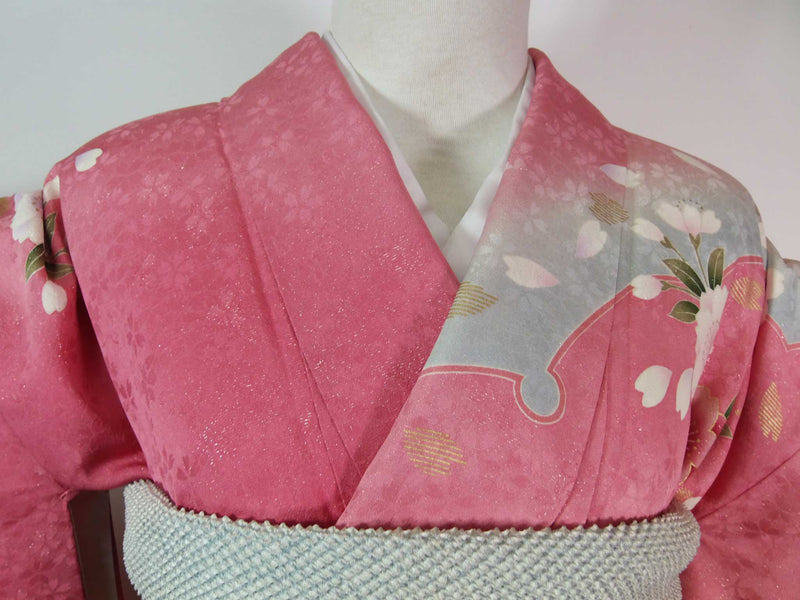 Beautiful Furisode, Kimono, pure silk, LL size, lovely pinkish color, cherry blossom design on snowflake ring, gold thread