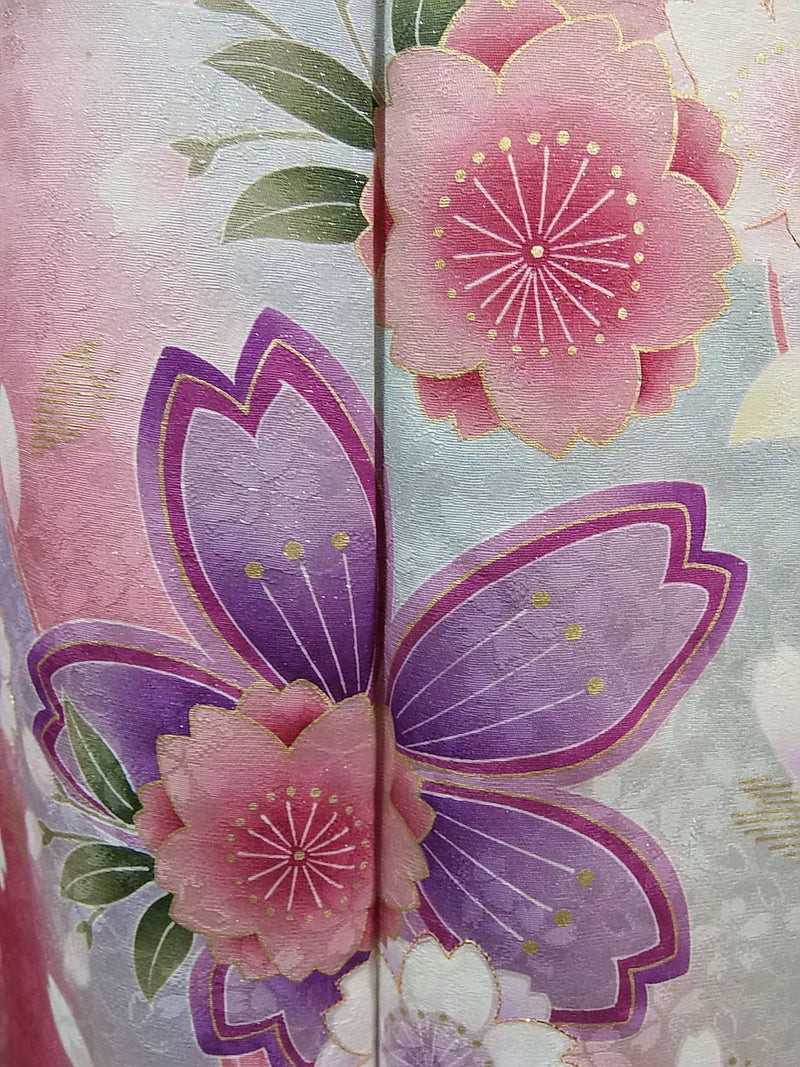 Beautiful Furisode, Kimono, pure silk, LL size, lovely pinkish color, cherry blossom design on snowflake ring, gold thread