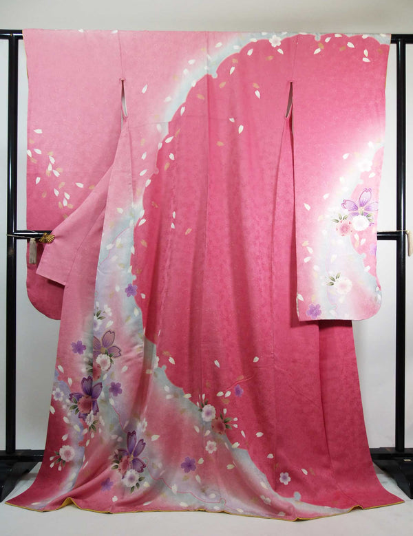 Magnifique kimono Furisode, motifs de flocons de neige et de fleurs de cerisier avec fil d'or, pure soie, taille LL, jolie couleur rose.