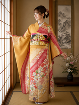 New Silk Furisode Kimono | Kanoko Shibori Floral Pattern Gold Leaf Pure Silk Red and Black Gradation Japanese Formal Kimono