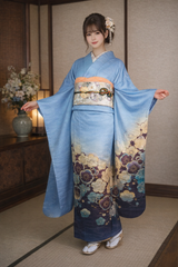 美品 振袖 長襦袢セット 作家物 正絹 金彩 銀通糸 花文様 上品ブルー系 ガード加工済　Easy-to-wear furisode