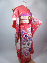 振袖 フルセット（長襦袢・袋帯・帯揚げ・帯締め）友禅 花扇面文様 薄紅×生成り 古典美 逸品     Full set / Ready to wear