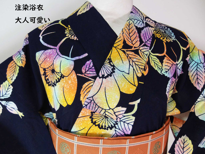 Yukata pour-dye, design floral, adulte mignon, tissu peigné, teint à l'indigo