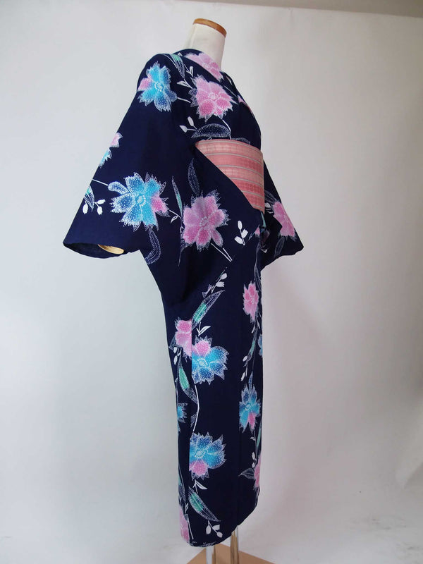 Yukata, Flower Design, Adult Cute, Indigo-style, Hand-stitched