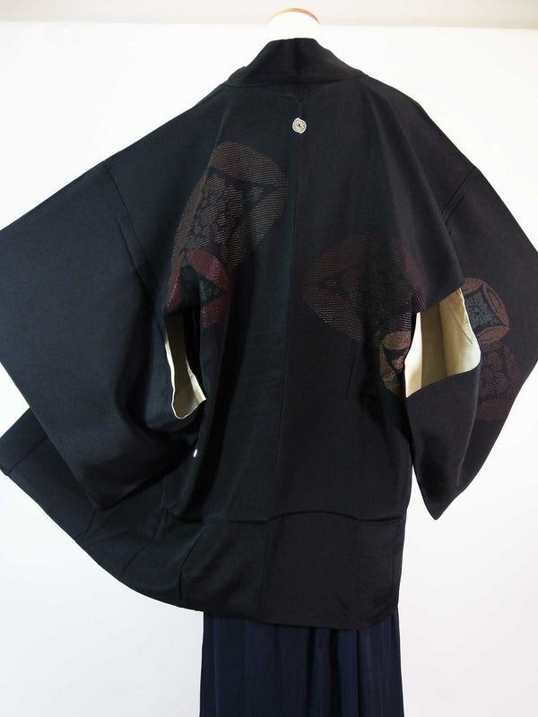 狀況良好，黑色羽織，花朵菱形圖案，絲綢產品，日本產品，日本家族徽章和服夾克