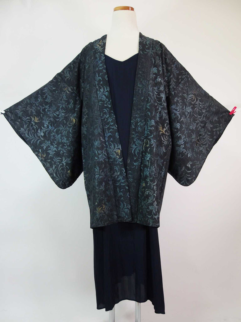 Beautiful Black Haori, Urushiori, Grass and flower pattern, Silk product, Made in Japan, Gray Kimono jacket