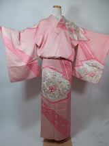 逸品 やまと誂え 総絞り訪問着『桃花の雅扇』鹿の子絞り 扇面花文様 金駒刺繍 正絹 桃色Vintage Japanese Silk Kimono