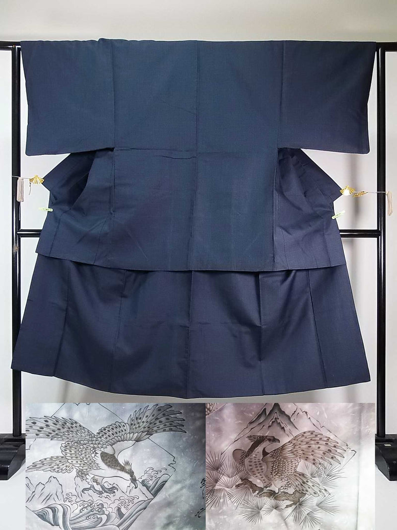 Magnifique ensemble deux pièces de kimono pour homme, veste haori et kimono, marque Oshima silk, pure soie, couleur bleu foncé.